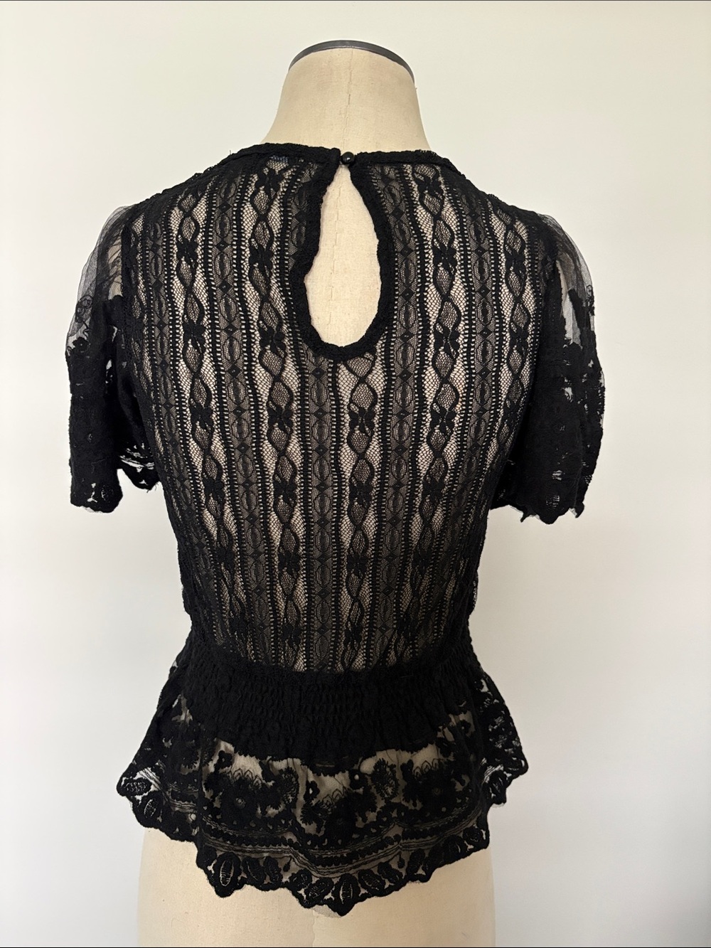 Women's Black Lace Short Sleeve Top with Sheer Back and Sleeves - Picture 3 of 10